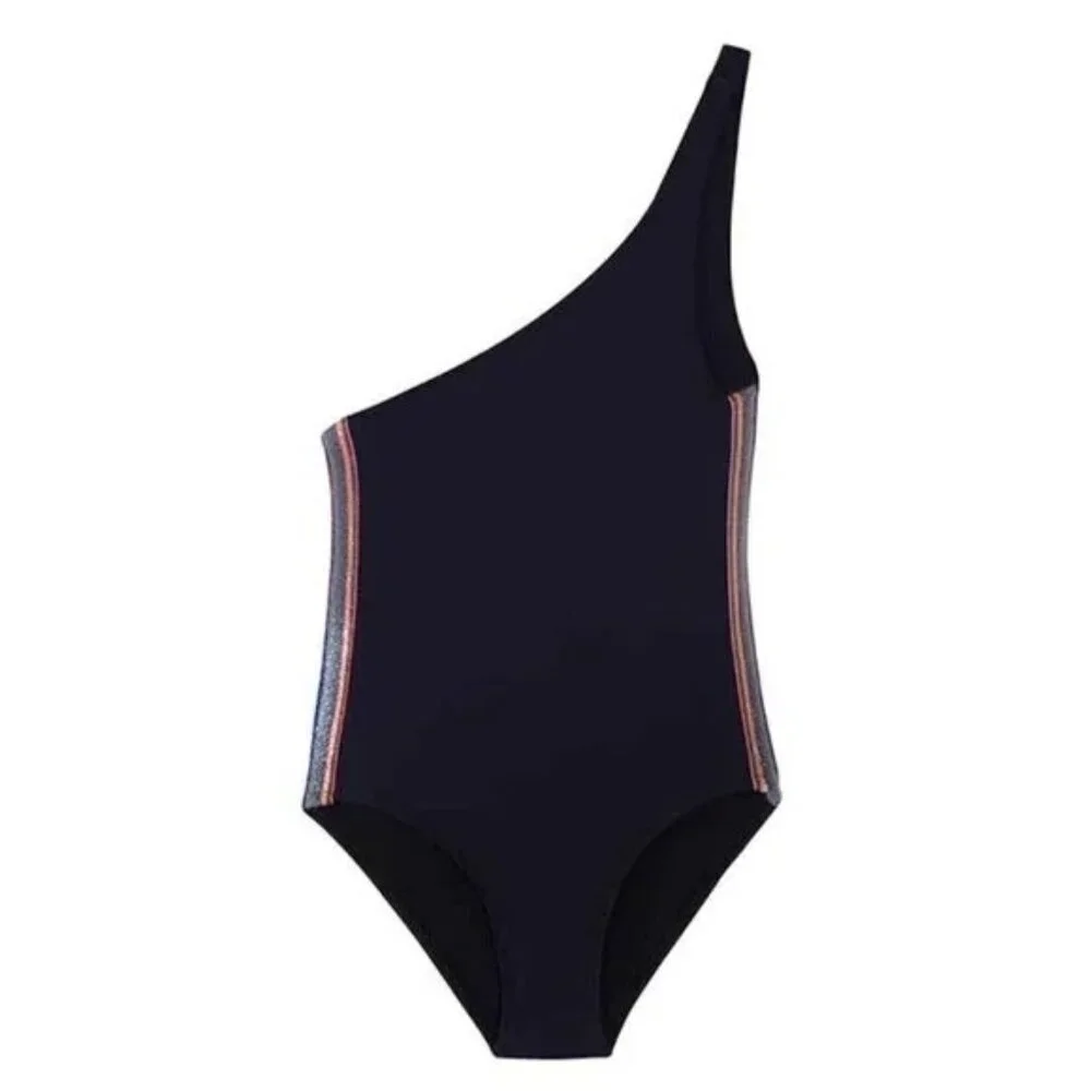 NWT Pilyq Girls One Shoulder One Piece Swimsuit Black Rainbow Metallic Size 4‎